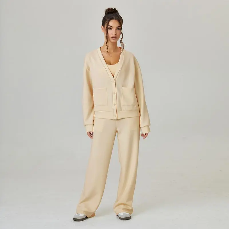 Women's Minimalist Solid Color V Neck Long Sleeve Button Cardigan & Drawstring Waist Trousers Co-ord, Soft Fall & Winter Two Piece Outfits