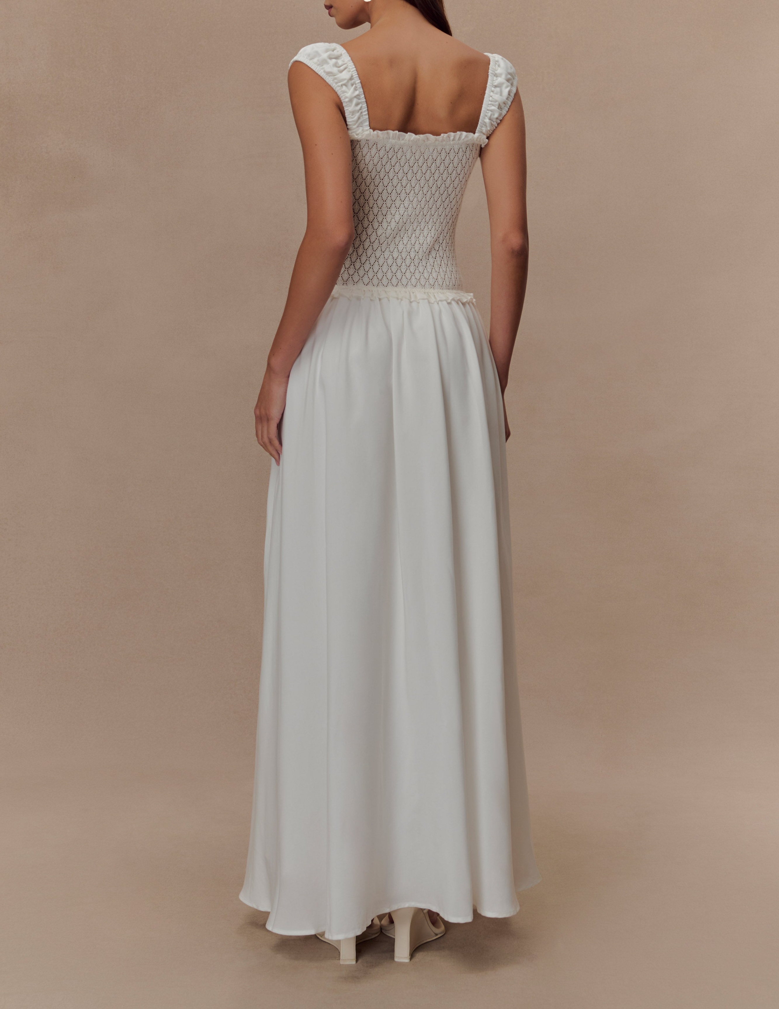 White Pointelle Knit Midi Dress