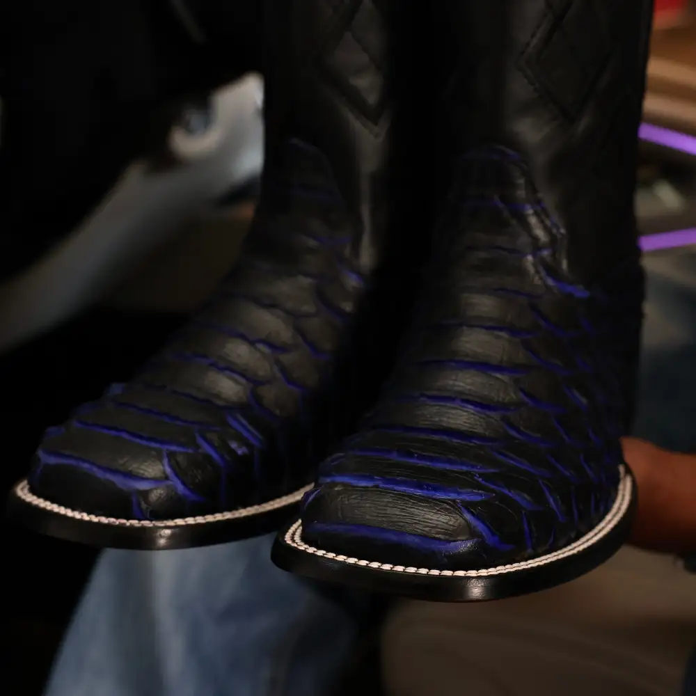 Black & Indigo Jumbo Python Leather Boots - Square Toe
