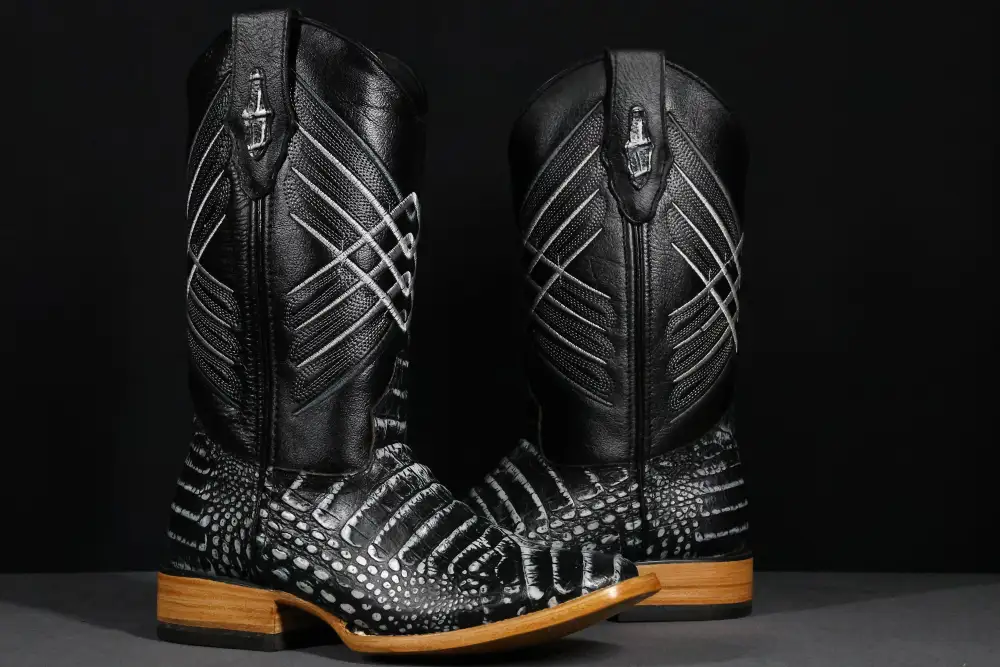 Men’s Black Desert Caiman Belly Leather Boots With Black Shaft