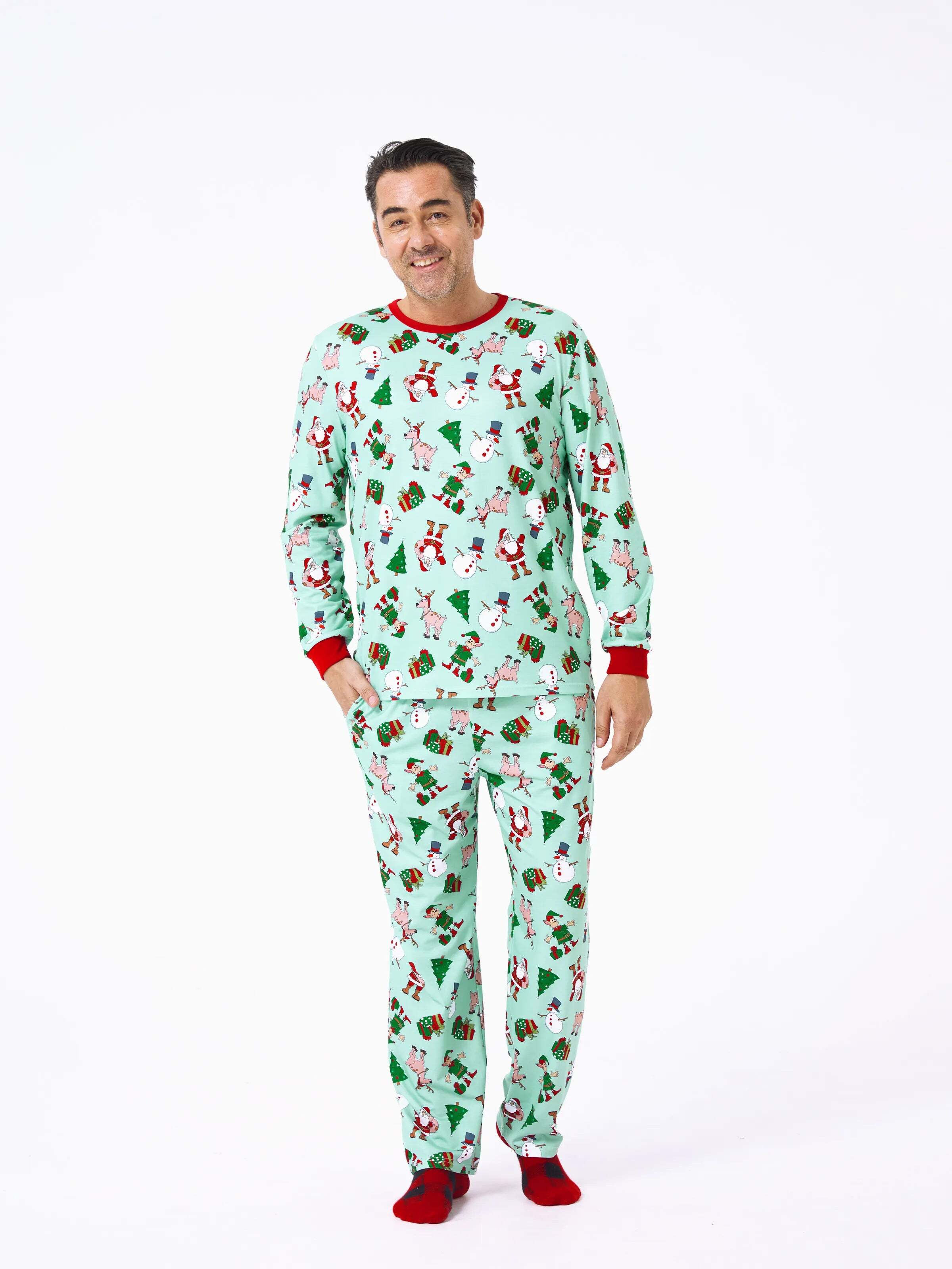 Christmas Matching Family Pajamas Set Reindeer Christmas-themed Print PJS with Christmas Socks Pale Green