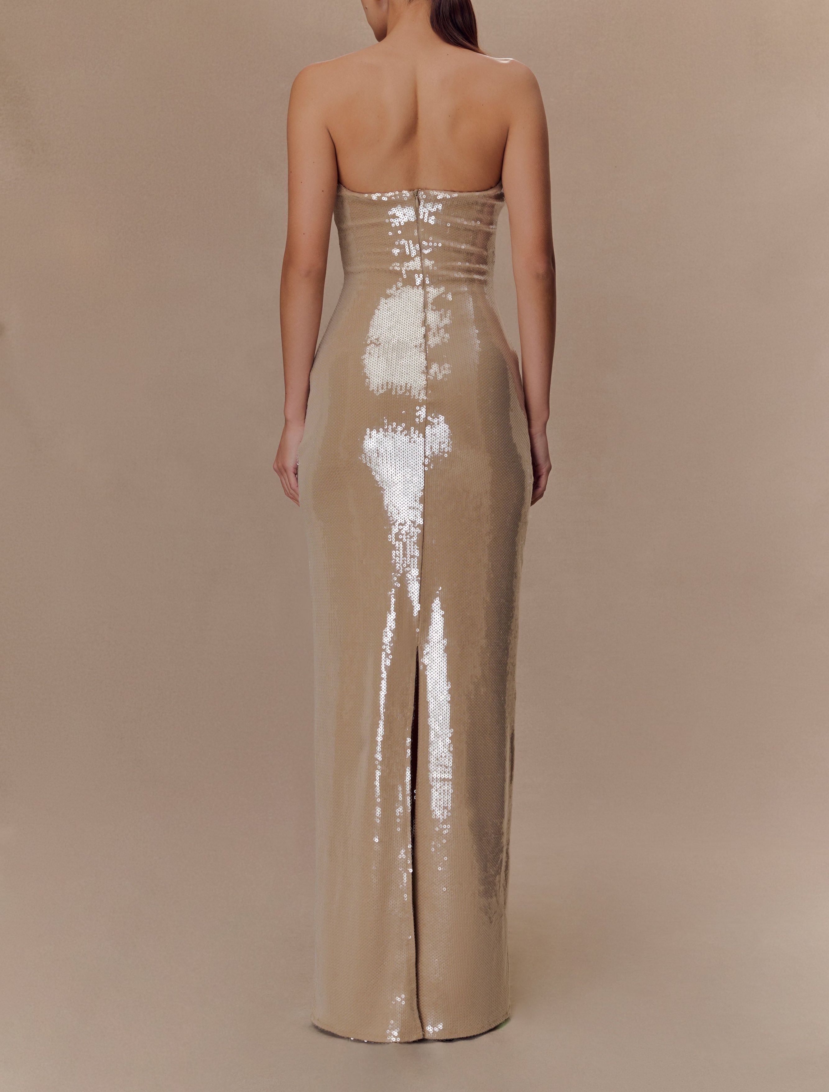 Taupe Strapless Sequin Maxi Dress