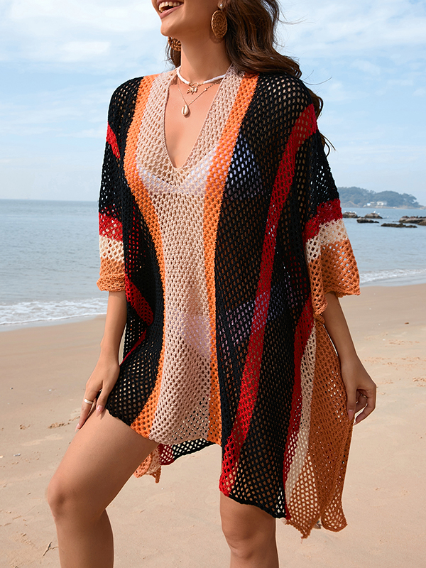 Hollow Striped Sun Protection Batwing Sleeves Loose V-Neck Beach Cover-Up