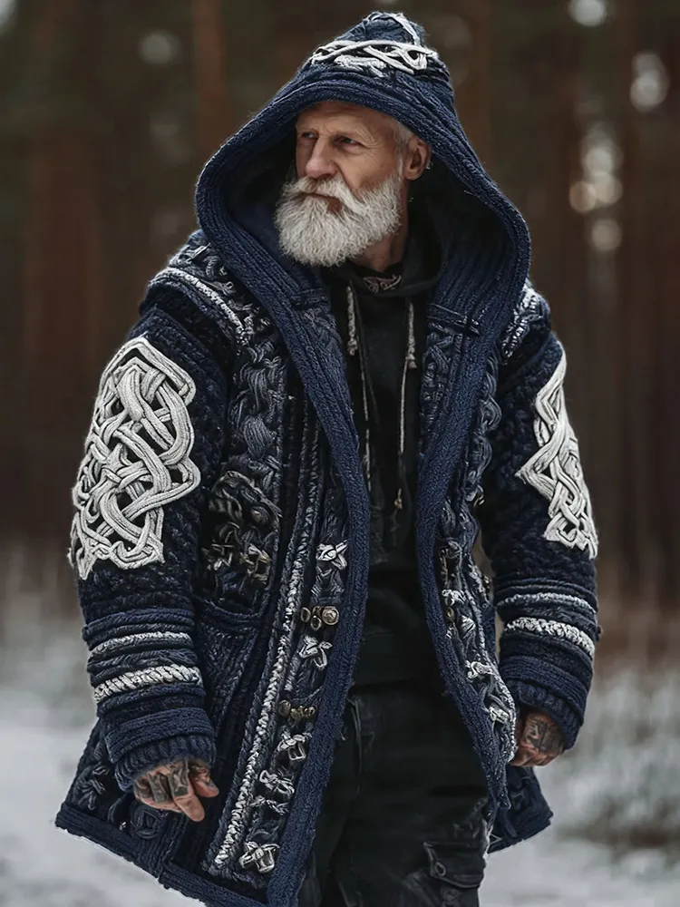Men's Viking Celtic Geometry Pattern Art Cozy Knit Hooded Cardigan