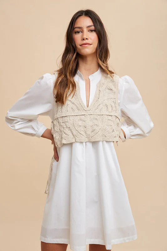 Wear Crochet Vest Notched Long Sleeve Shirt Dress