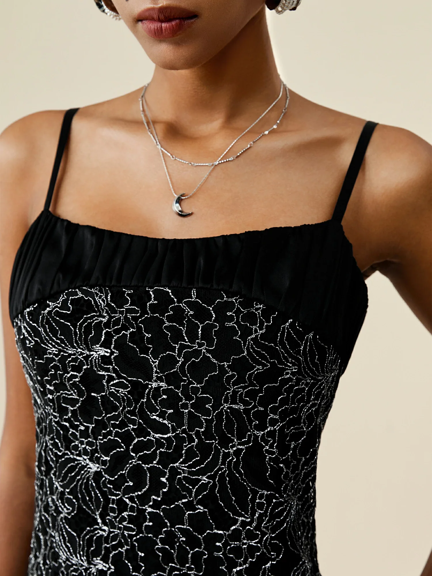 Silver Metallic Lace Cami Fishtail Dress