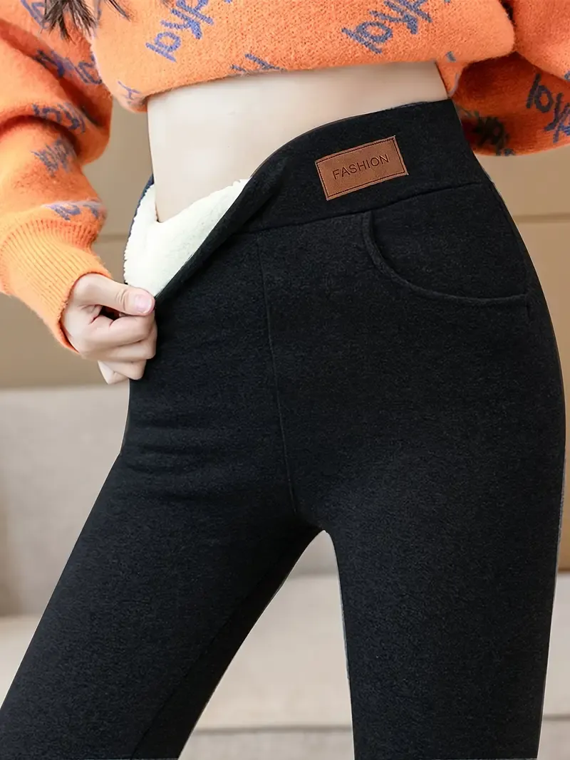 Warm, Stretchy Women's High-Waisted Fleece-Lined Leggings with Pockets