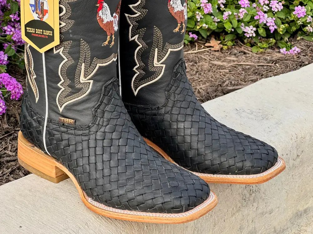 Men’s Black Basket-Weave Leather Boots With Black Shaft