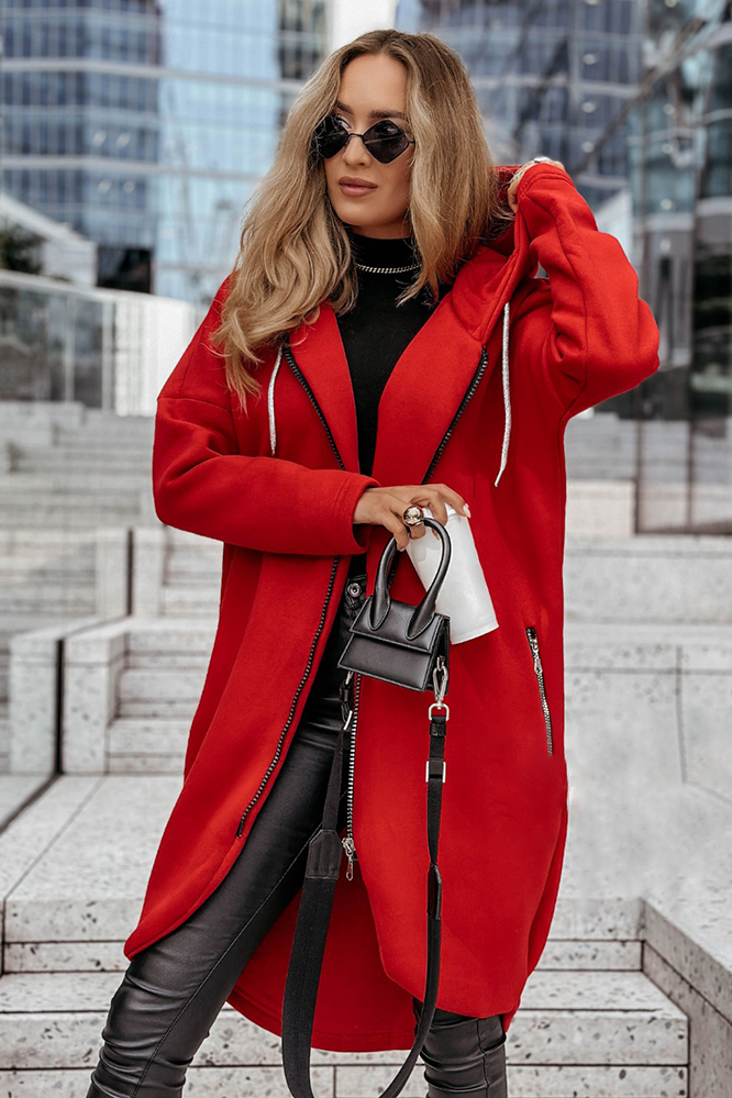 Zipper hooded casual mid length jacket