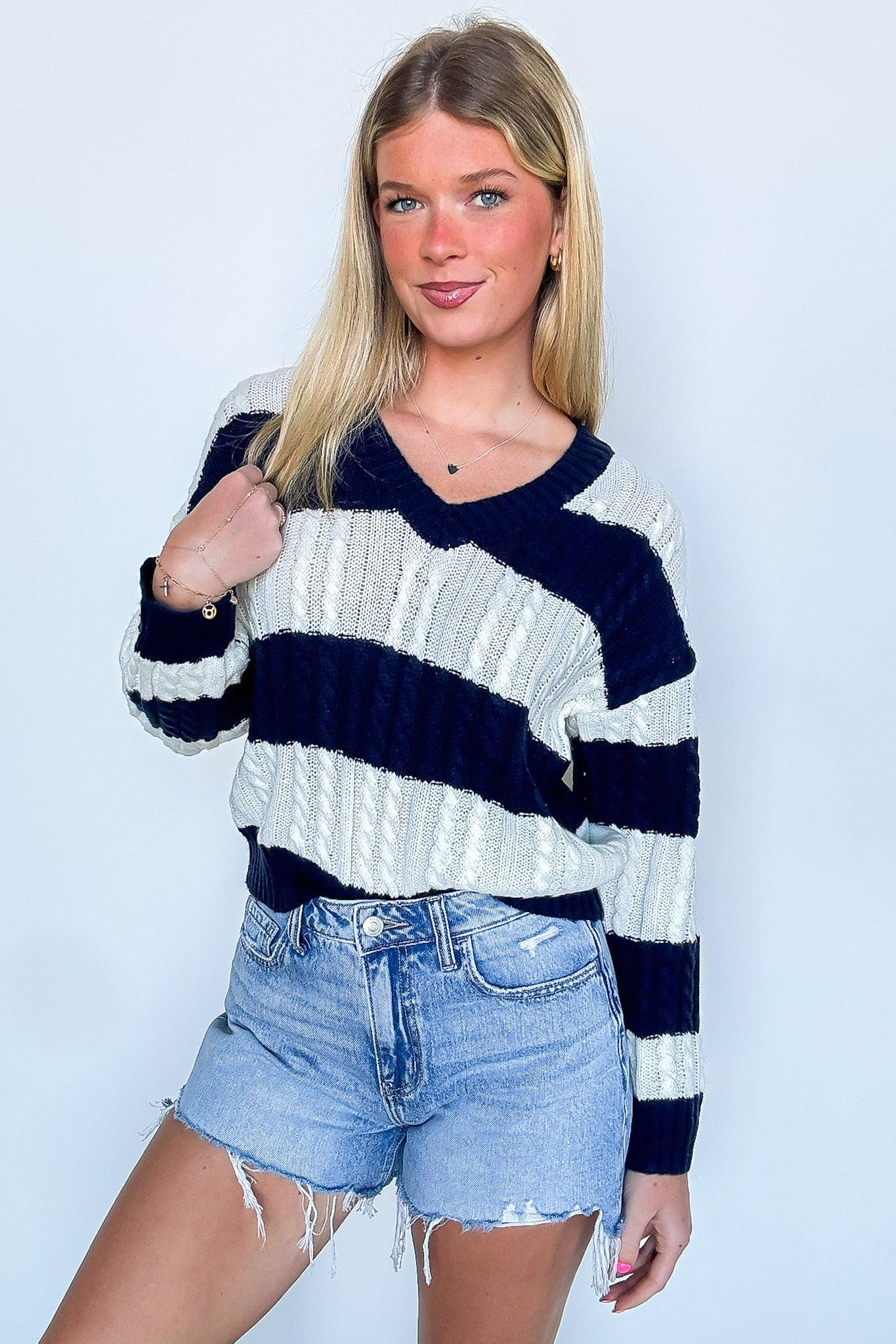 V-Neck Striped Cable Knit Sweater