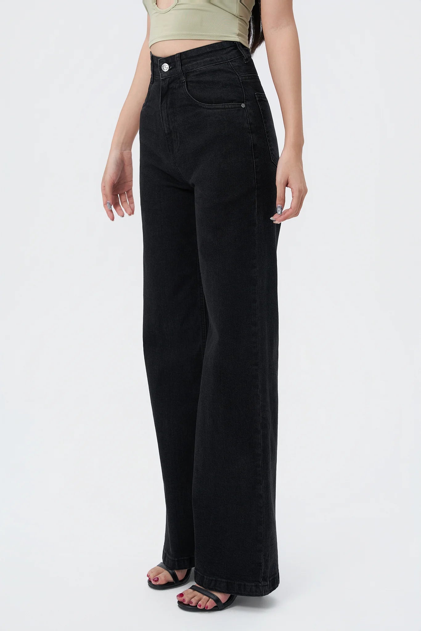 Onyx Black Stone Wash Wide Leg High Rise Jeans
