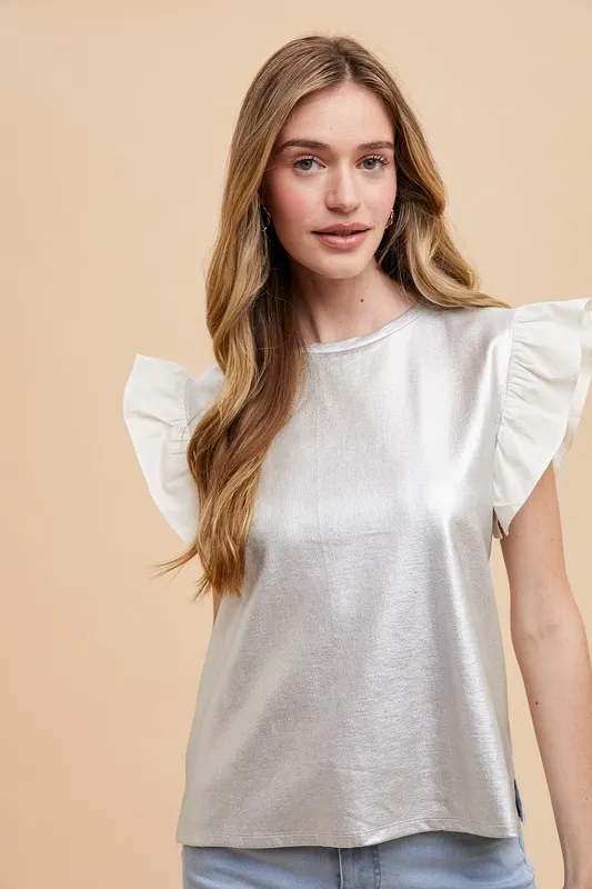 Wear Mix Media Metallic Knit Ruffle Sleeve Top