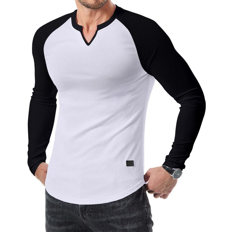 Mens Long Sleeve Muscle T Shirts Casual V-Neck Longline Ribbed Tee Shirts