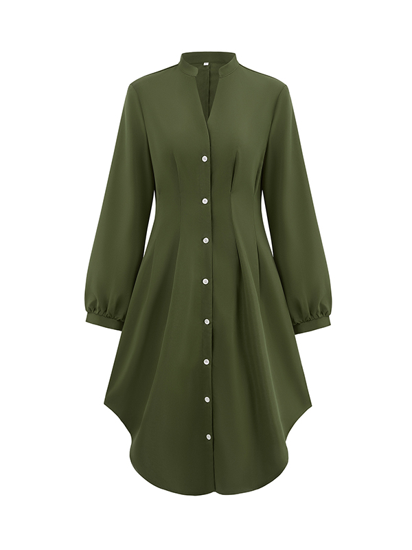 Buttoned No Belt Pleated Solid Color Long Sleeves Loose V-neck Shirt Dress Midi Dresses