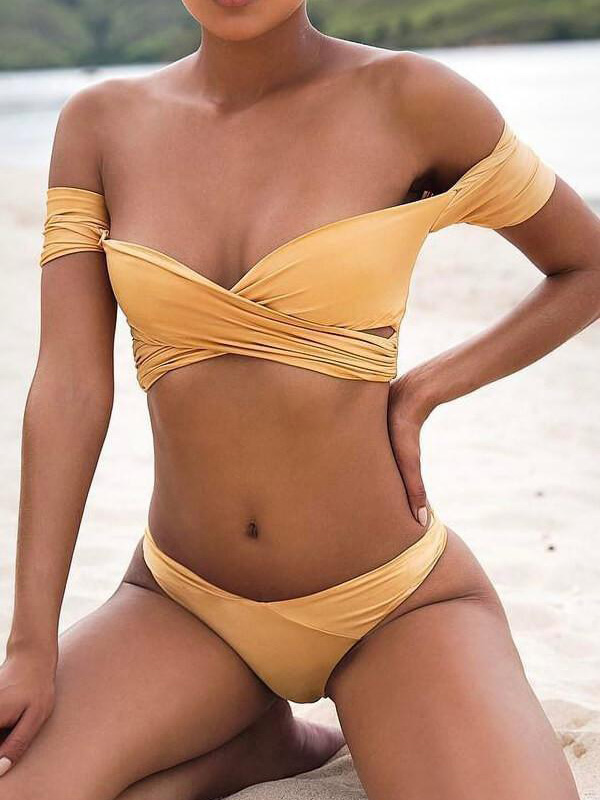 Solid Color Short Sleeves Off-The-Shoulder Bikini Swimsuit