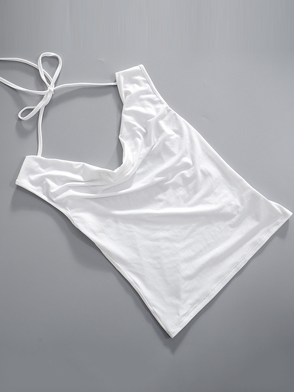 Backless Lace-Up See-Through Solid Color Split-Joint Loose Skinny Off-The-Shoulder T-Shirts Tops