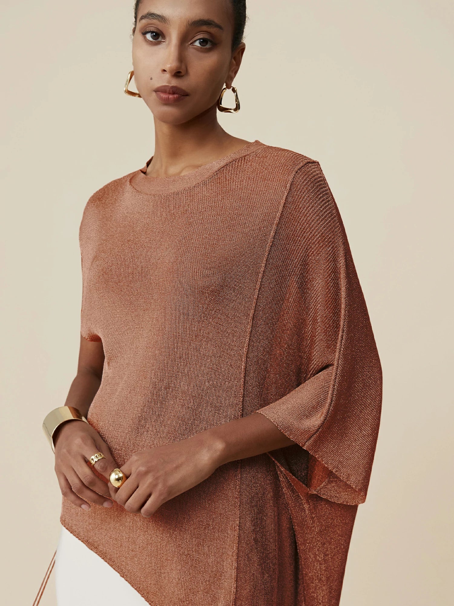 Round Neck Short Sleeve Drawstring Glitter Top