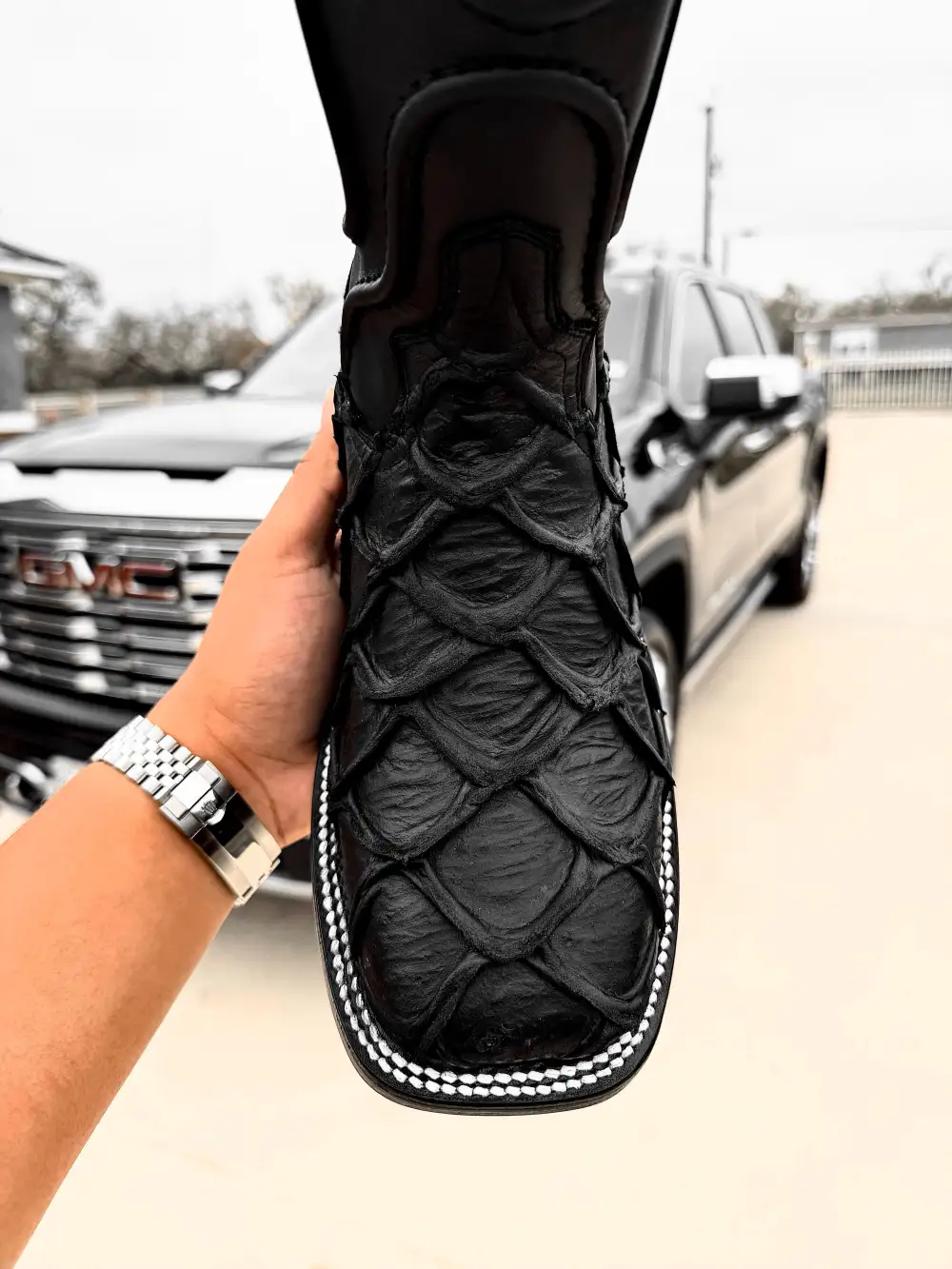 Matte Black Pirarucu Leather Boots - Square Toe