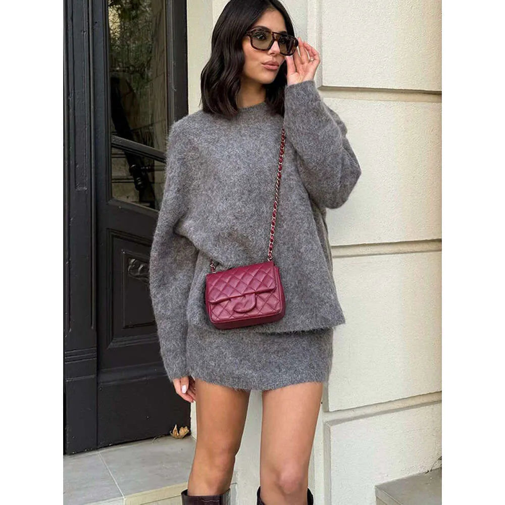 Fashion Grey Mohair Knitted Sweater 2 Pieces Skirt Sets Women Chic Oversized O-Neck Cropped Pullover Suits Lady Commute Outwear