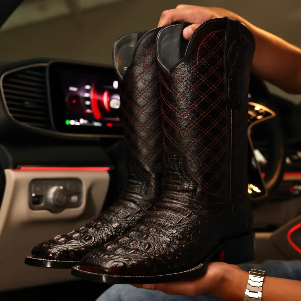 Black Cherry Caiman Neck Leather Boots - Square Toe