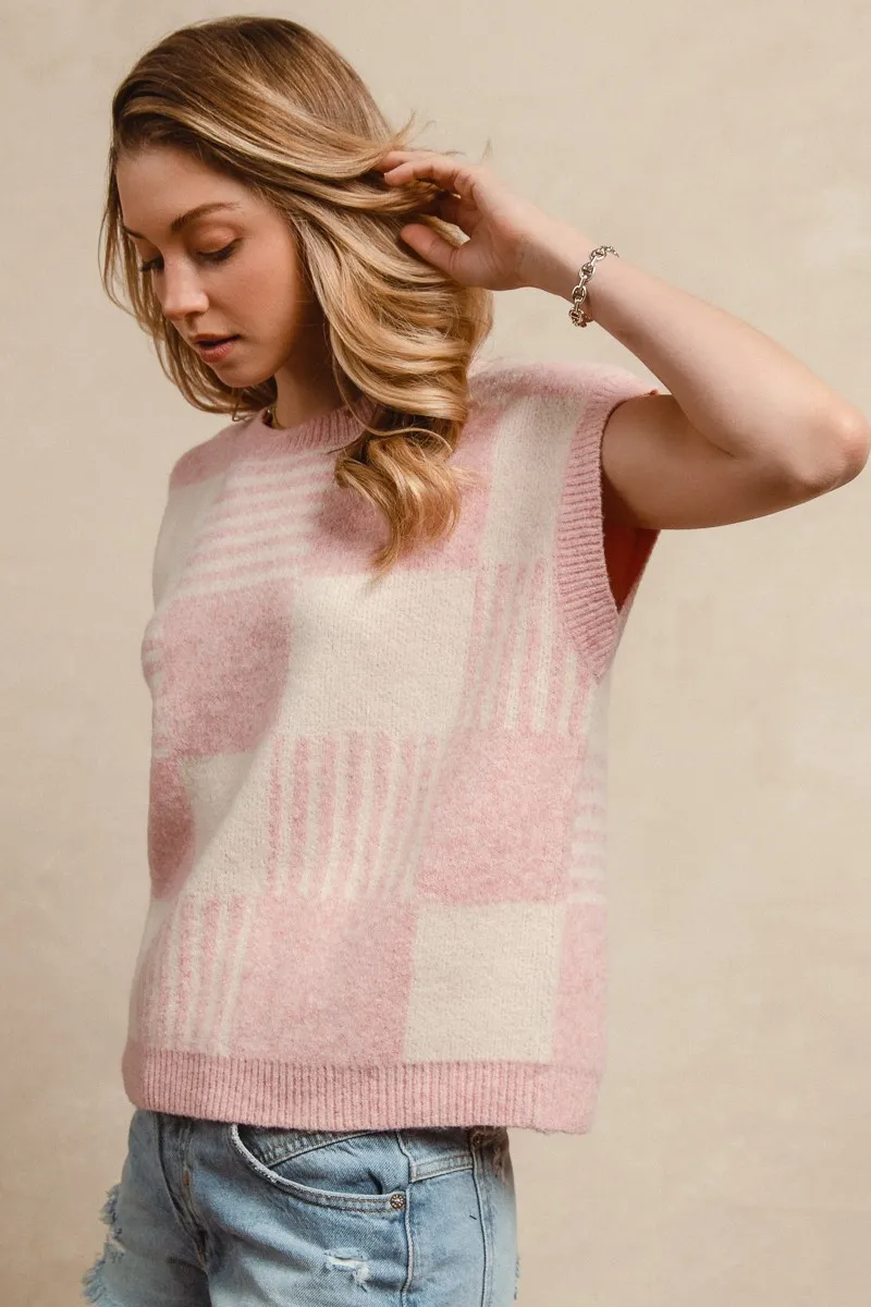 Checker With Stripes Pattern Sleeveless Sweater