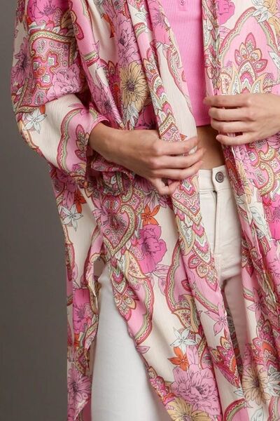 Elegant Mixed Print Open Front Kimono with Ruffle Sleeves