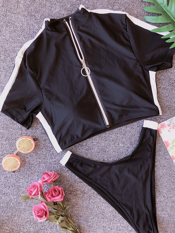 Color-Block Zipper Top Short Sleeves Bikinis Swimwear