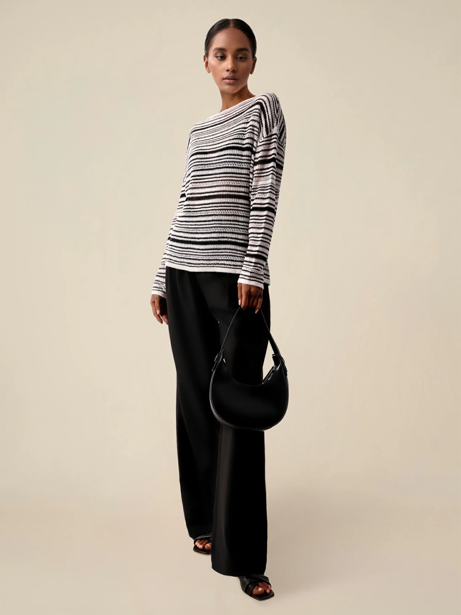 Lyocell & Silk Boat Neck Long Sleeve Striped Top