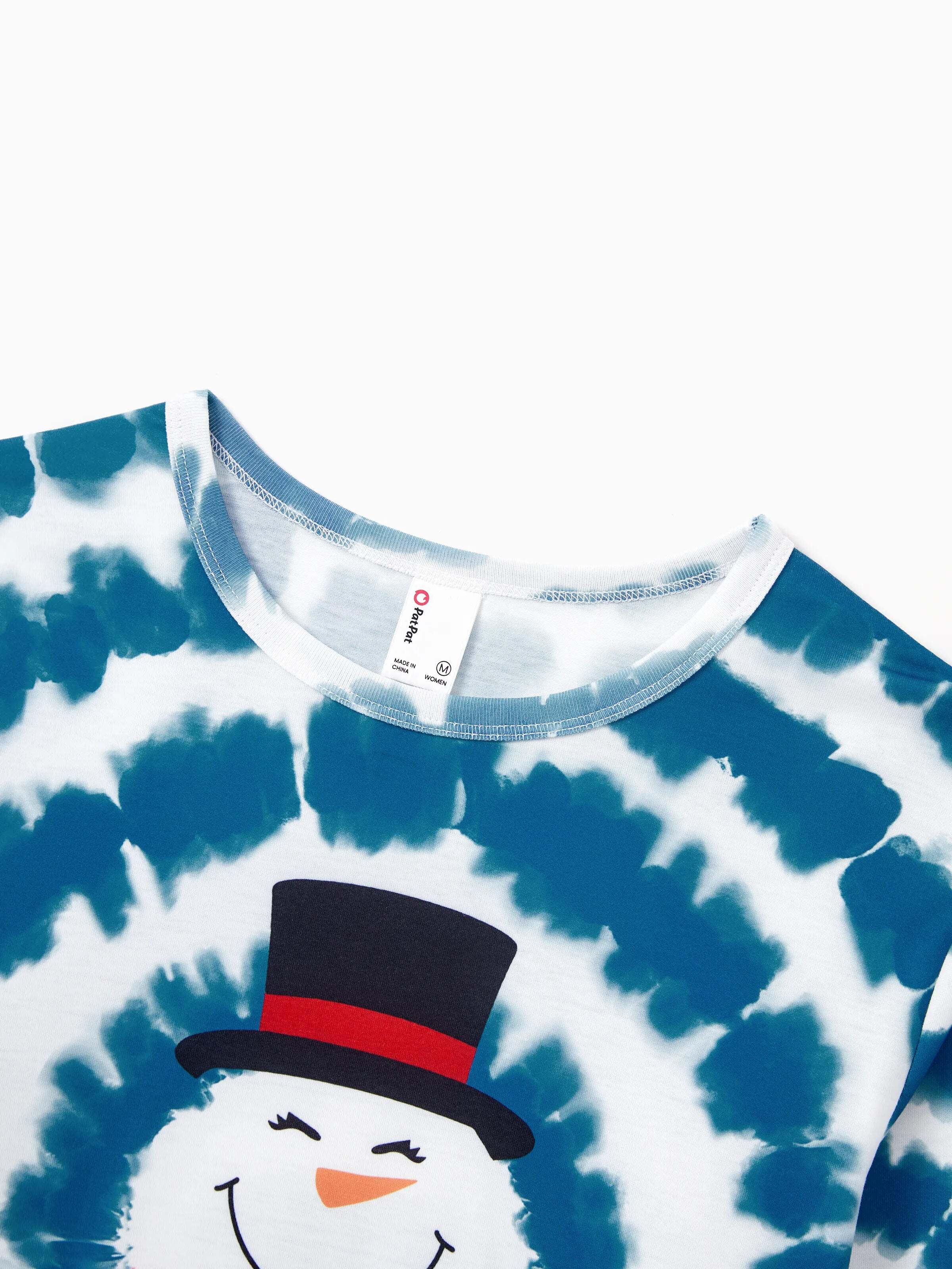 Christmas Matching Family Pajamas Set Tie-dye Snowman Print Blue PJS with Christmas Socks Deep Blue