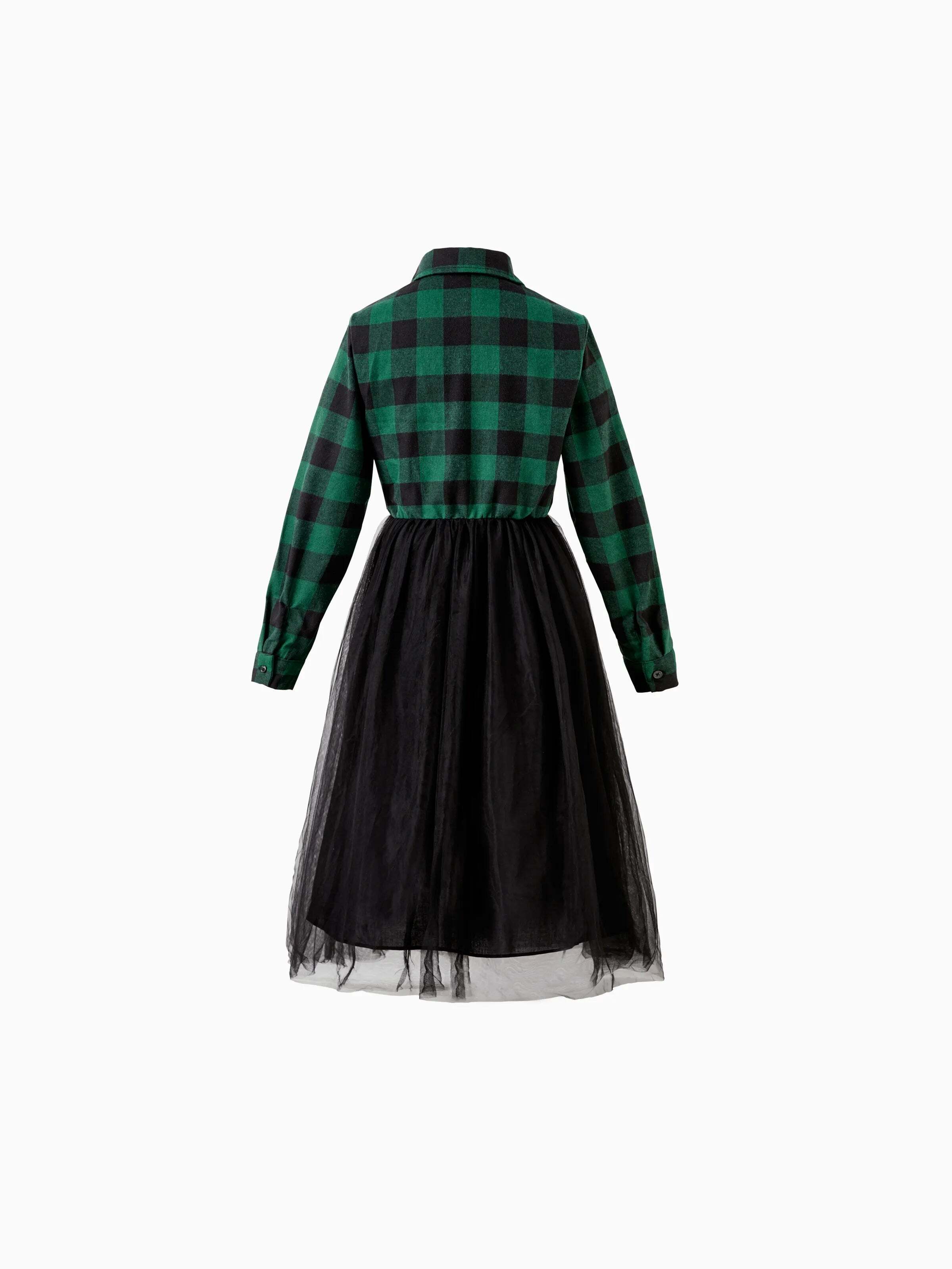 Family Matching Sets Green Plaid Long Sleeves Shirt or Tulle Mesh Dress DarkGreen