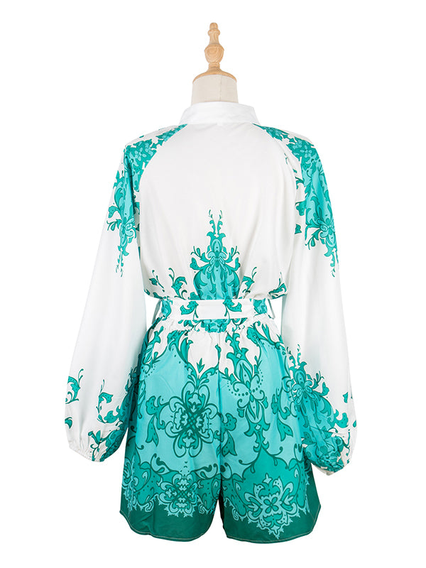 Vacation Puff Sleeves Loose Printed V-Neck Jumpsuit