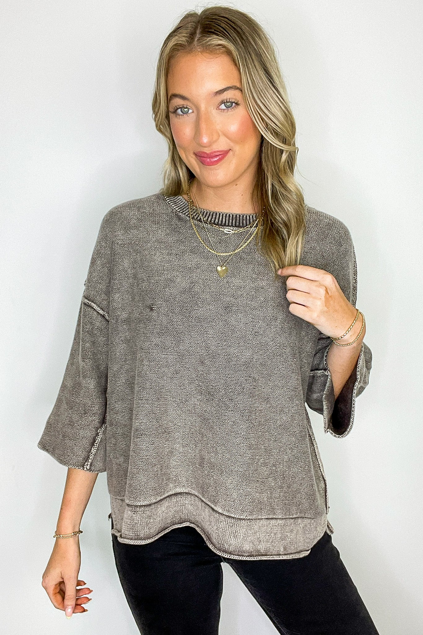 Cozy Fade Washed 3/4 Sleeve Relaxed Sweater