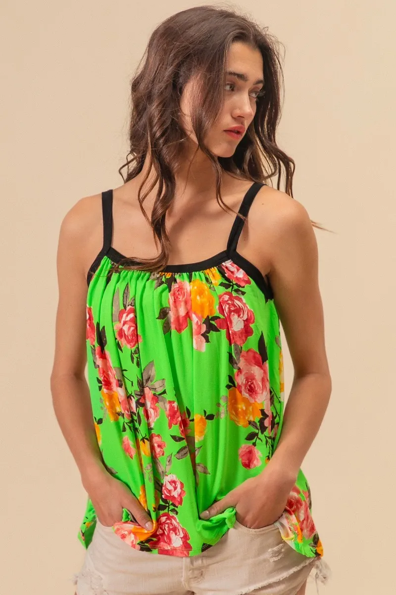 Floral Print Jersey Knit Gathering Cami Top