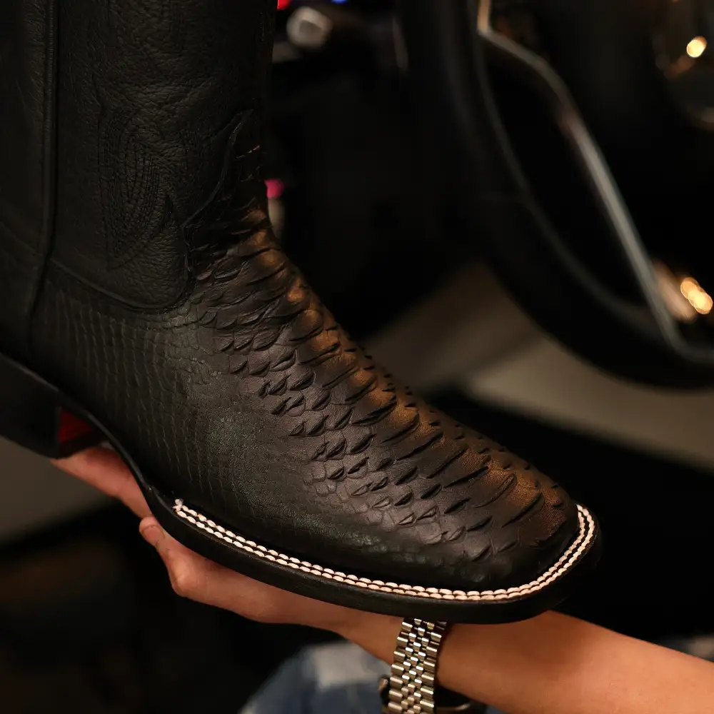 Black Python Leather Boots - Square Toe
