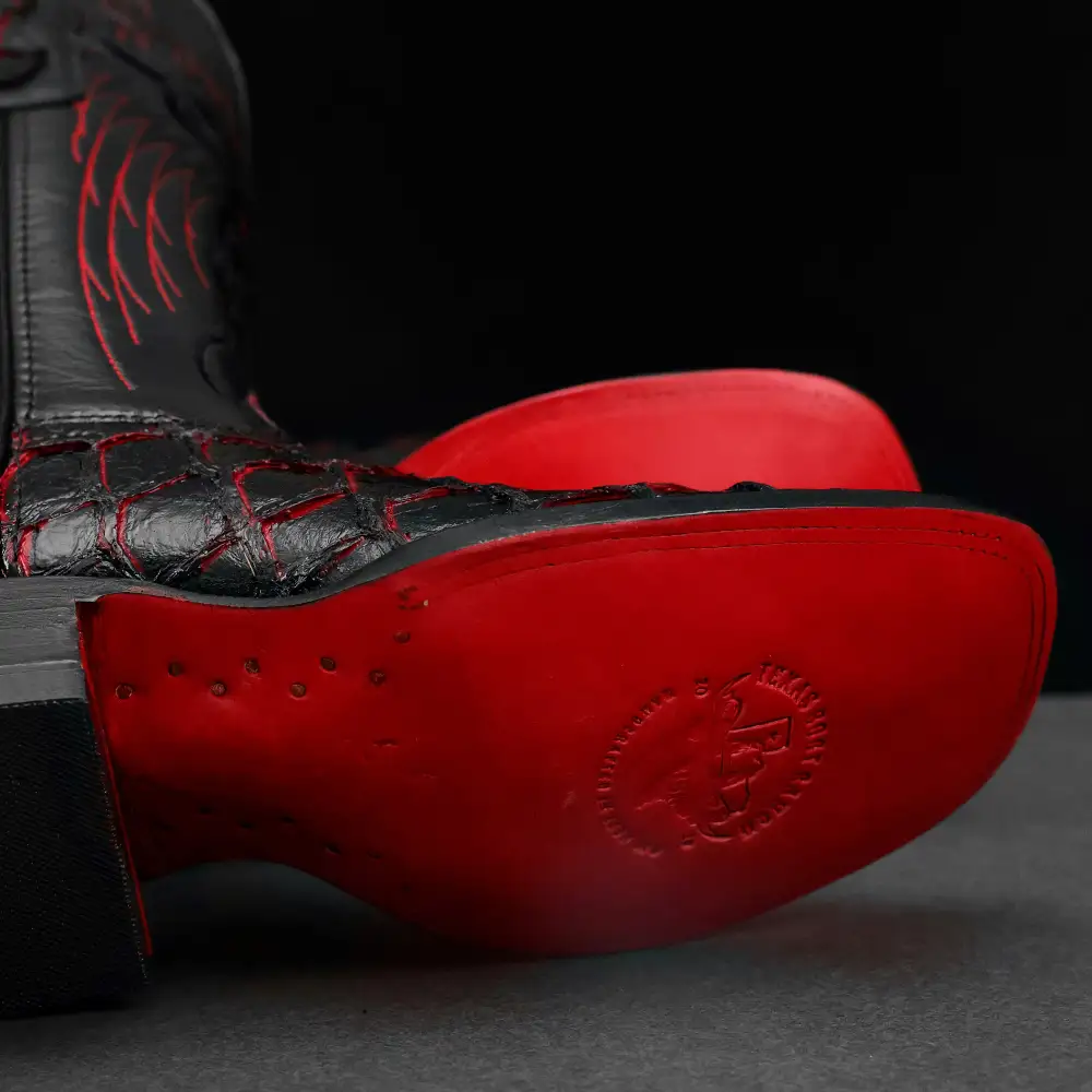 Black/Red TBR Pirarucu Leather Boots - Square Toe