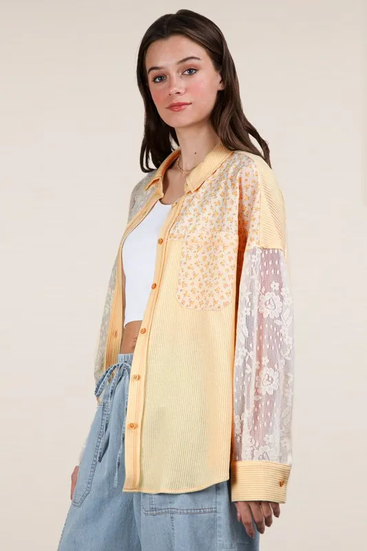 Plus Size Contrast Ribbed Knit Lace Shacket