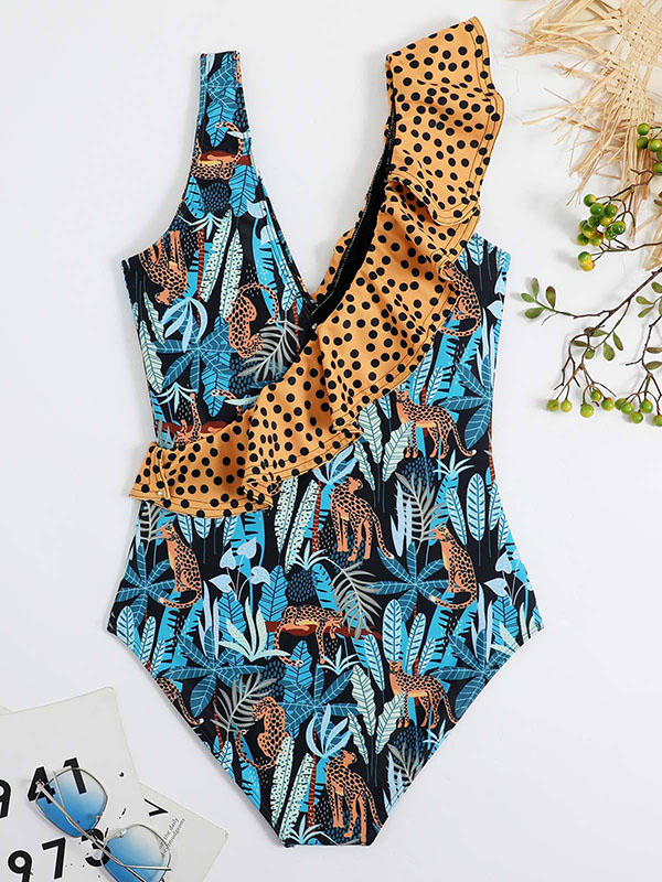 Floral Leopard Print One Piece Swimsuit