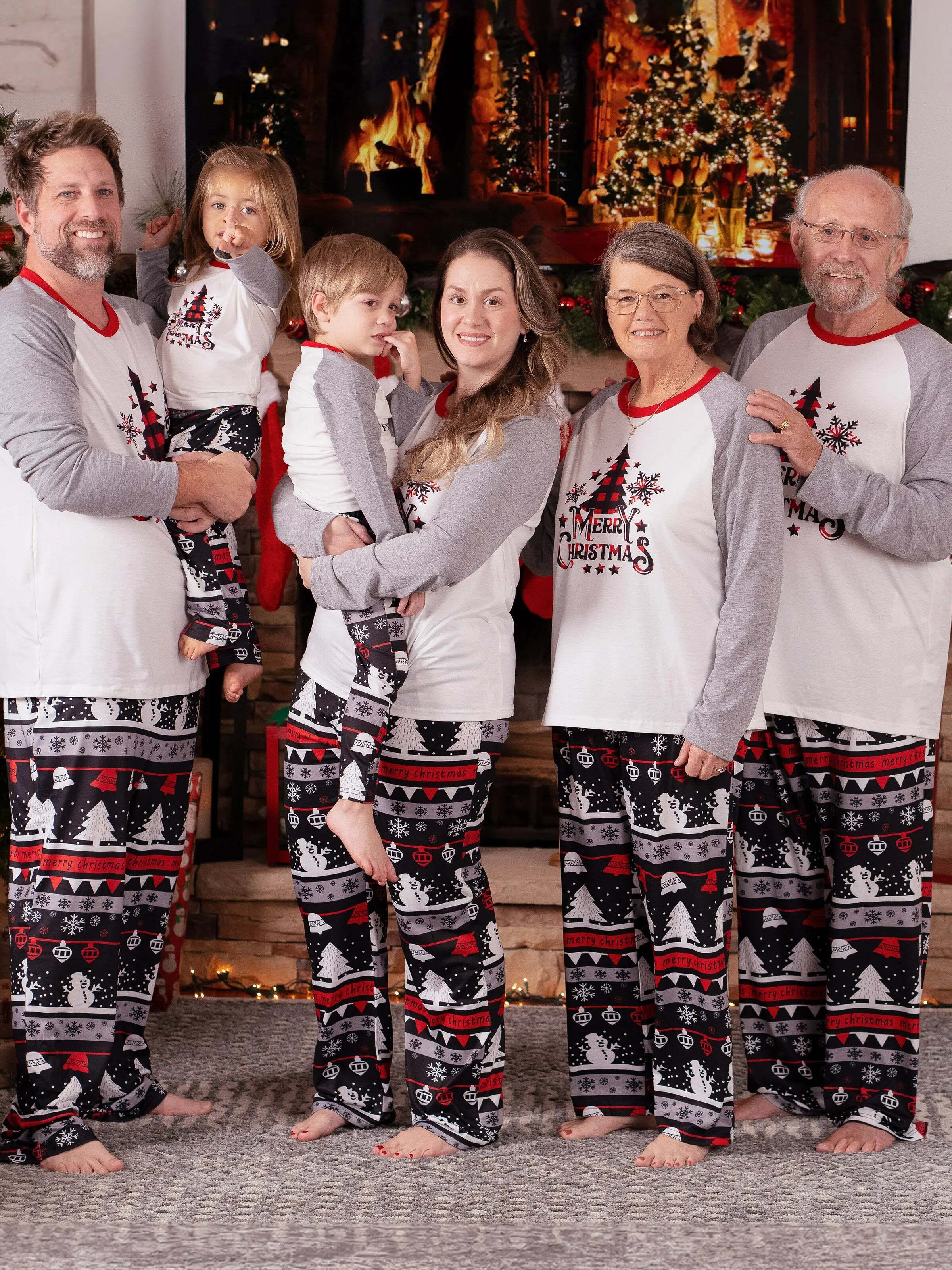 Christmas Tree Snowflake and Letters Print Grey Family Matching Long-sleeve Pajamas Sets with Christmas Socks Grey