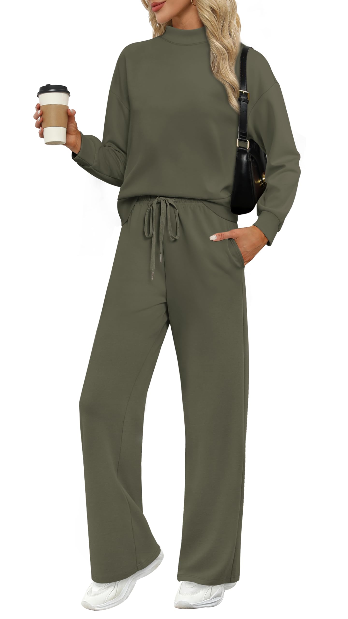 WIHOLL Two Piece Sets for Women Fall Outfits Lounge Sets Mock Neck Tops Wide Leg Pants Vacation Travel Airport Outfits