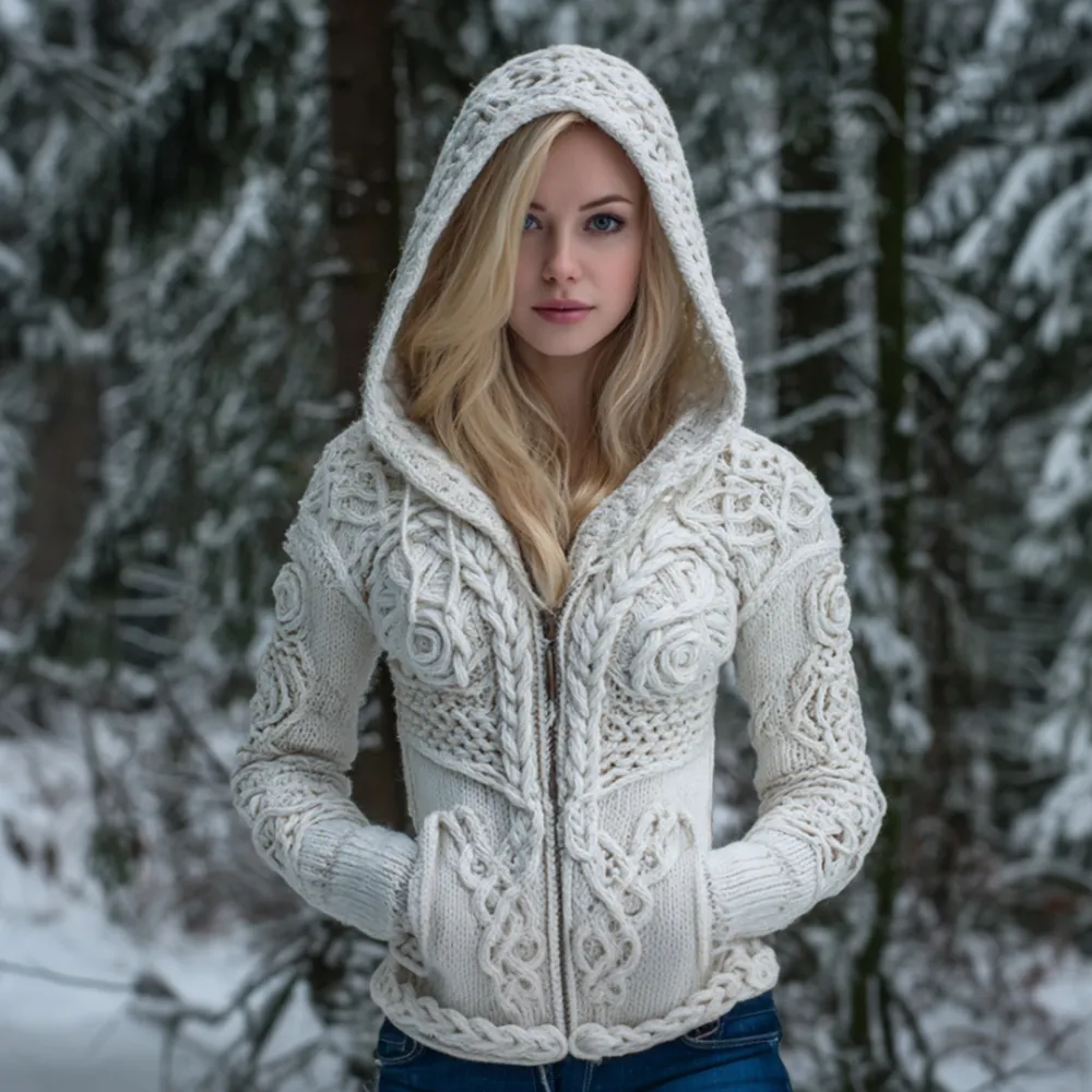 Women's Viking Style Celtic Knot Snow-white Hooded Cardigan Sweater