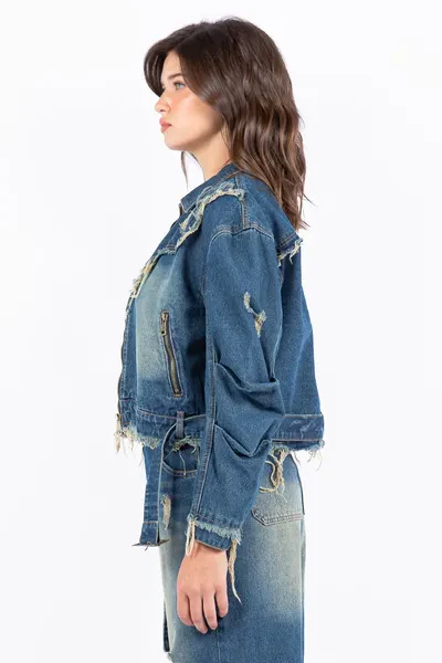 Full Size Distressed Frayed Edge Zip Up Denim Jacket