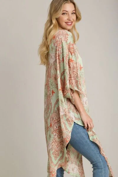 Full Size Mixed Print Open Front Kimono with Ruffle Sleeves
