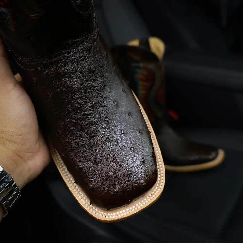 Men’s Chocolate Brown Genuine Ostrich Boots — Square Toe