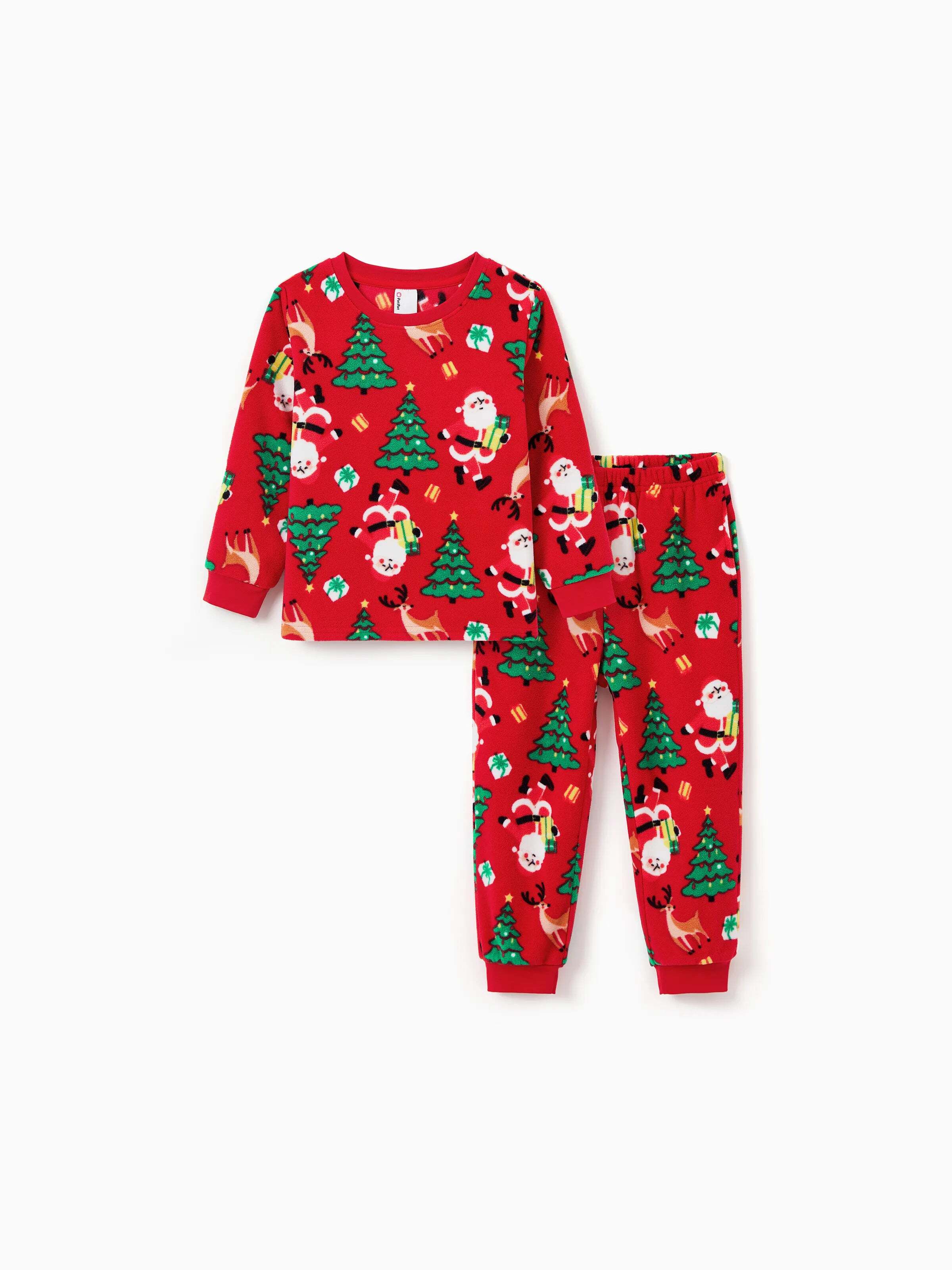 Christmas Matching Family Pajamas Set Santa Claus and Christmas Tree Print Red Fleece PJS with Christmas Socks Red