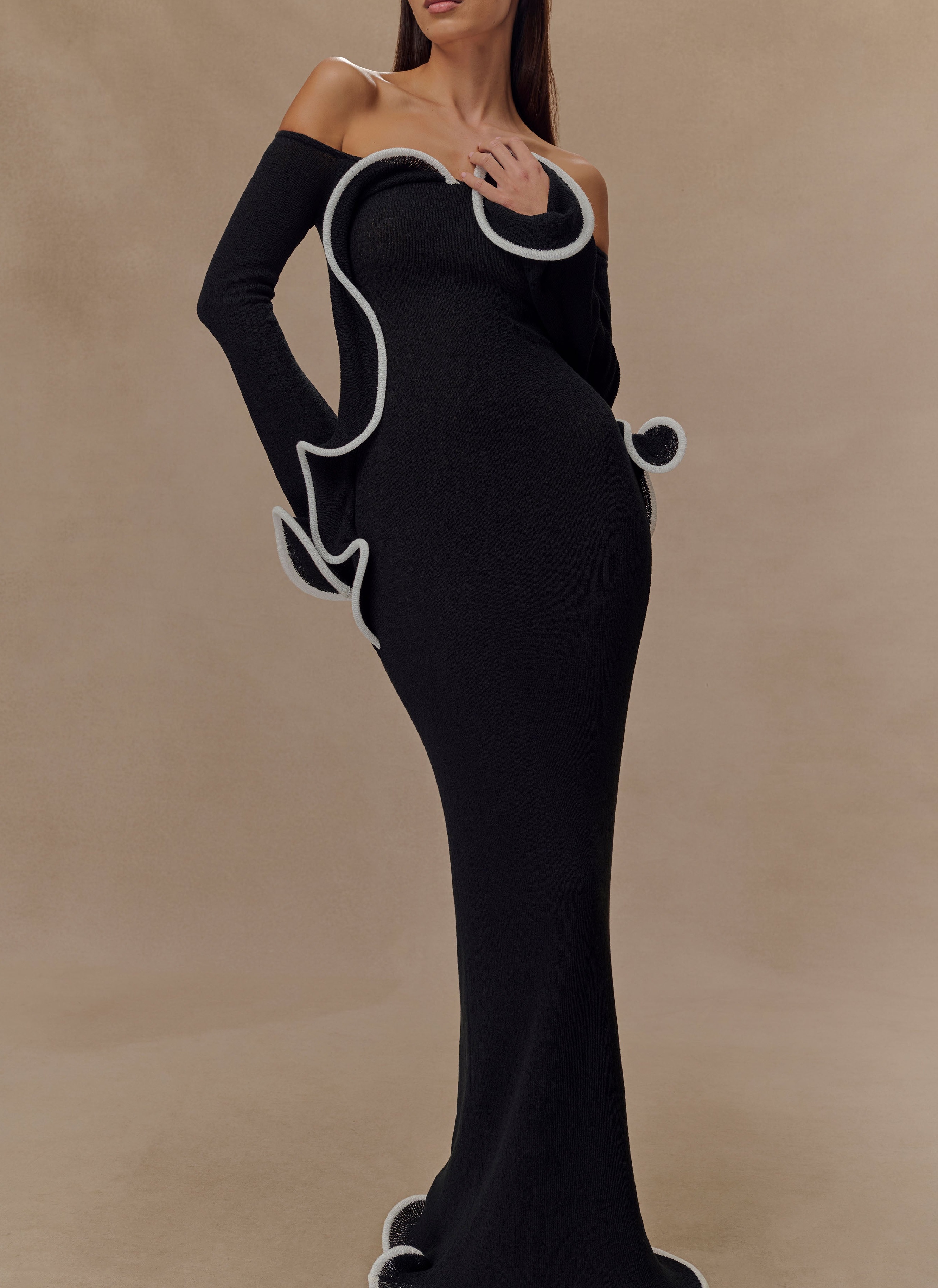 Black/white Off Shoulder Knit Maxi Dress