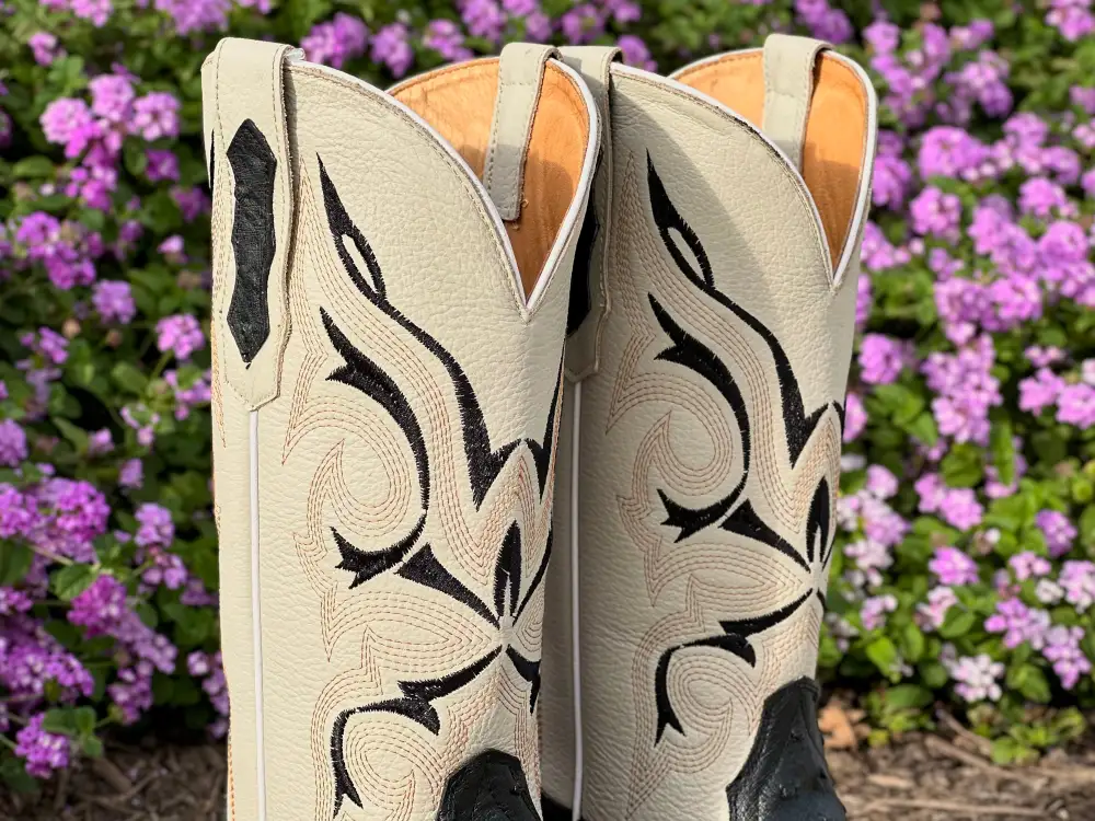 Mens Black Ostrich  Leather Boots With Beige Shaft