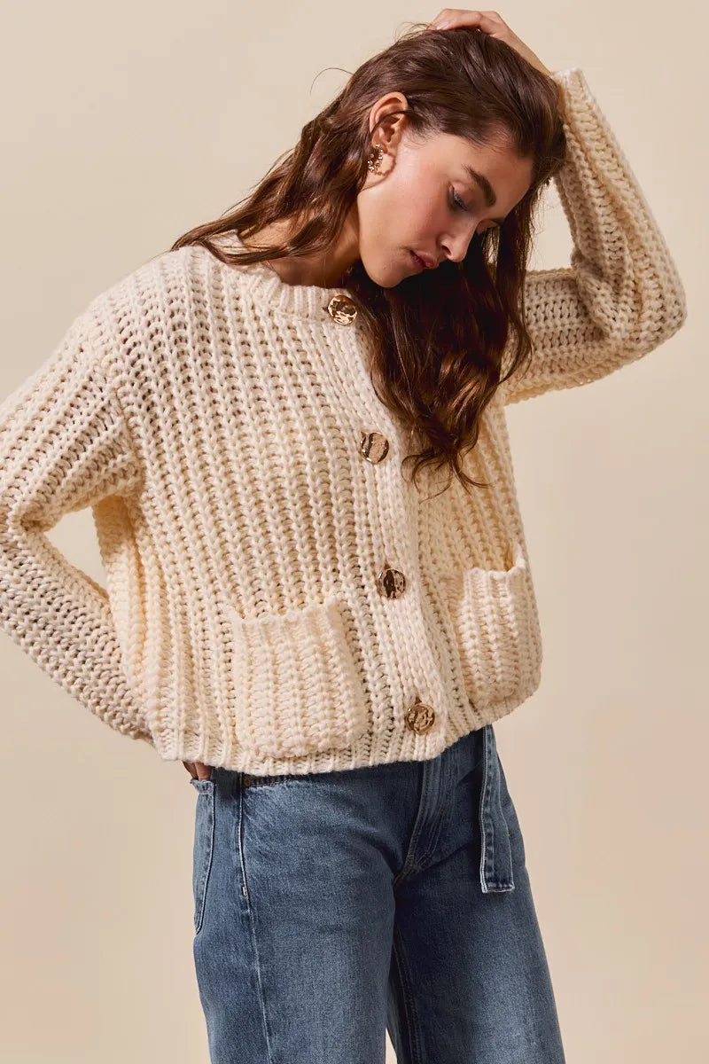 Metal Button Long Sleeve Chunky Sweater Cardigan