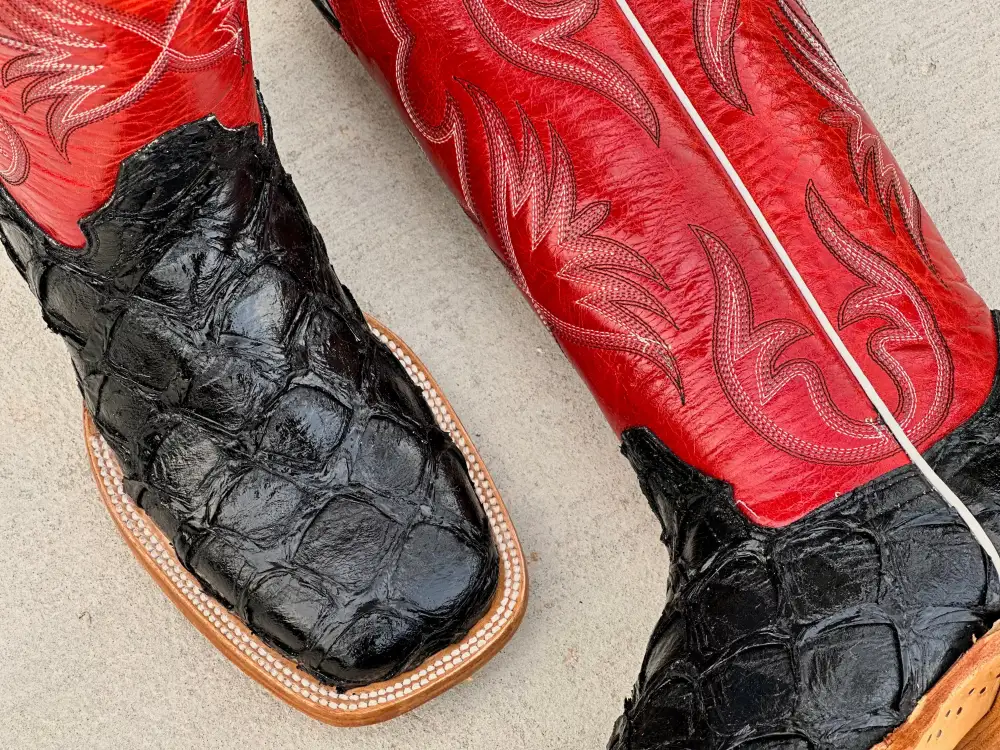 Men’s Black Pirarucu Leather Boots With Red Shaft