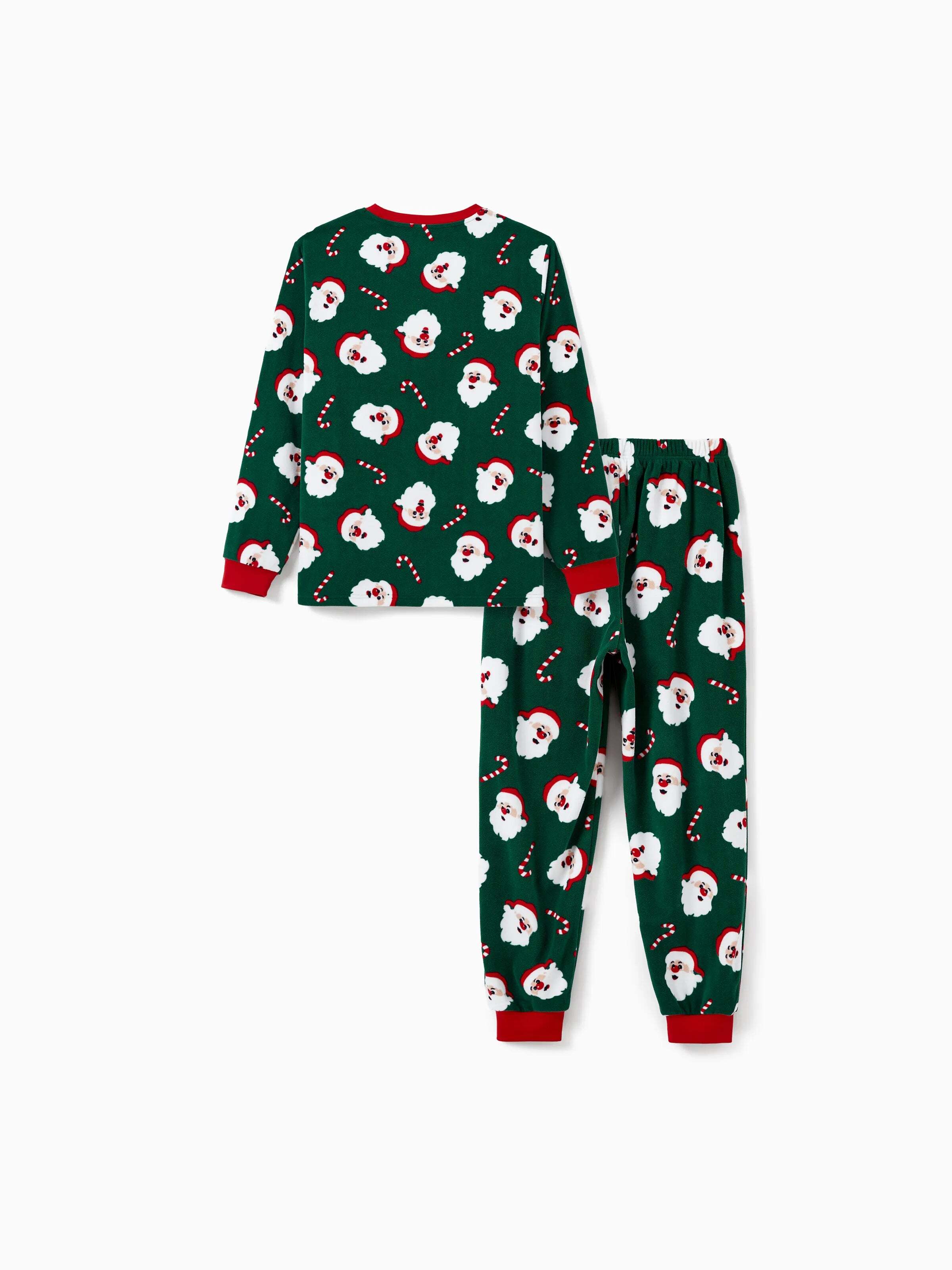 Christmas Matching Family Fleece Pajamas Set Santa Claus and Candy Cane Print PJS with Christmas Socks Dark Green