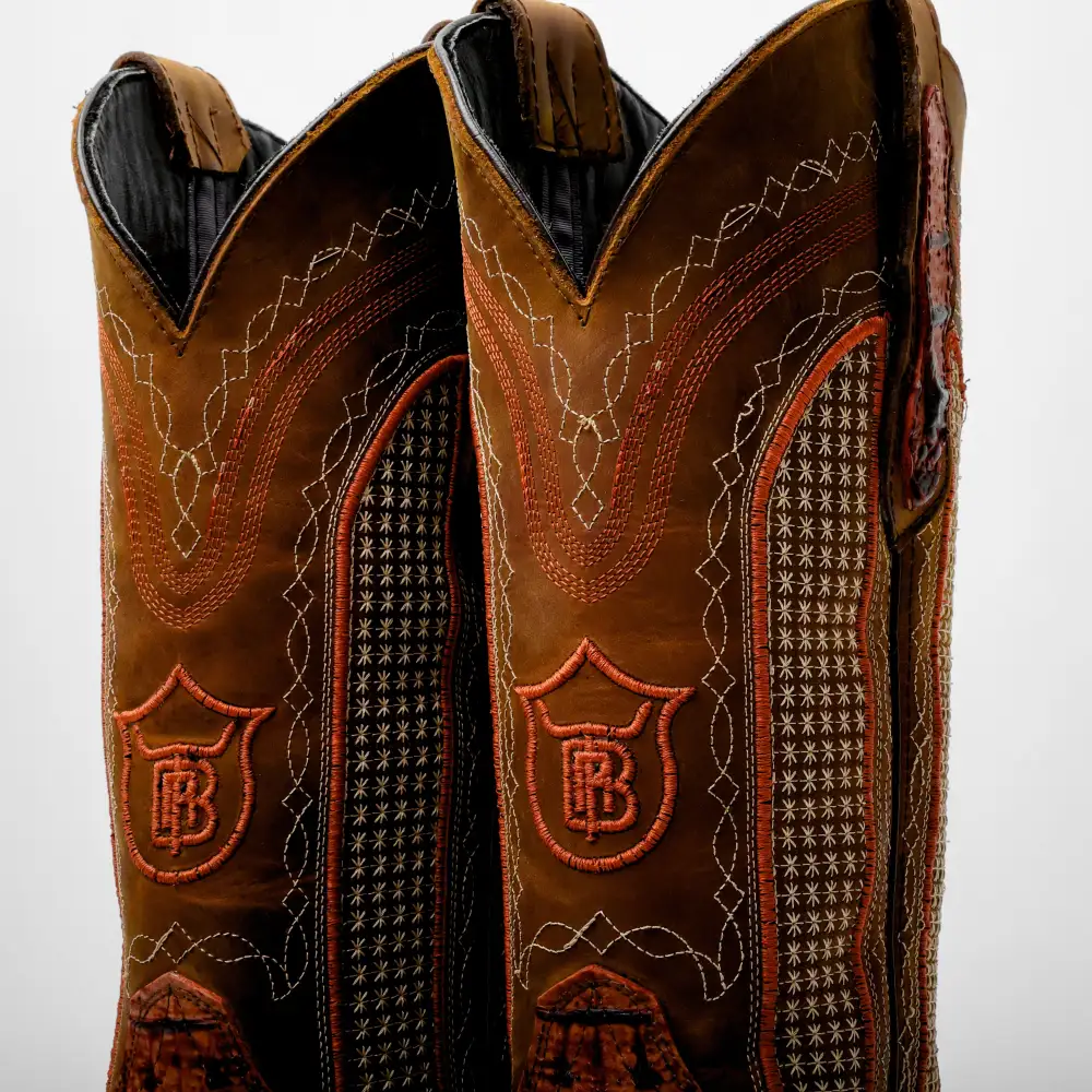 Cognac Caiman Neck Leather Boots - Square Toe